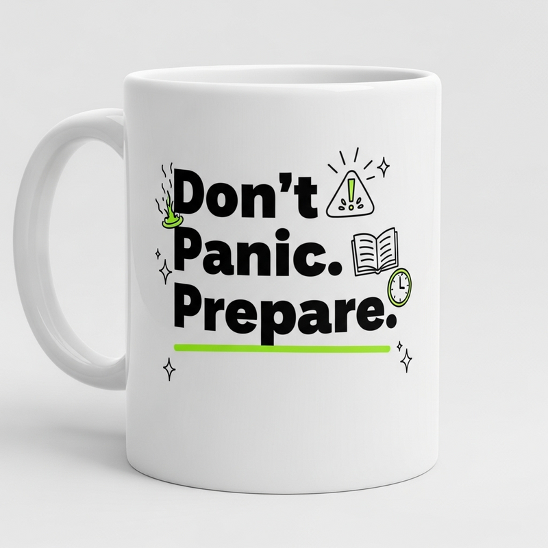 "Don’t Panic. Prepare" Mug - by CA Sankalp Kanstiya